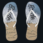 Strand mit Herzen in der Sand-Braut-Hochzeit Flip Flops<br><div class="desc">Liebe ist in der Luft! Erhalten Sie diese großen umdrehen Reinfälle für selbst, oder sie machen ein großes Geschenk auch. Sie haben das Wort "Braut, " sie hinunterzugehen in einem Skript-Schriftart. Es gibt eine Strandszene mit Hand gezeichneten Herzen im Sand. Personifizieren Sie mit Ihrem und Ihrem Ehemann. Yo0u kann das...</div>