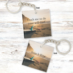 Strand mit Ozean-Sonnenuntergang und Psalm 143:10 Schlüsselanhänger