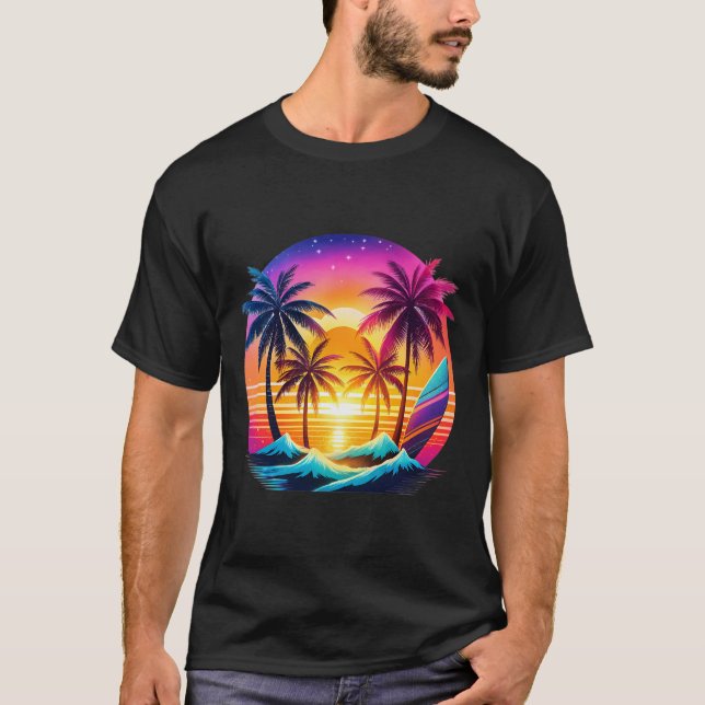 Strand mit Palmen und Surfbrettern, Pop Art Styl T-Shirt (Vorderseite)