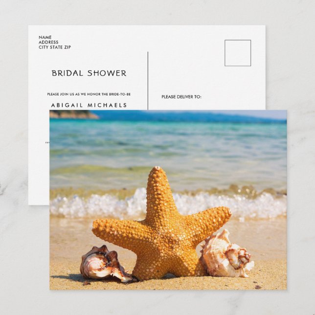 Strand mit Starfish und Seashells Brautparty Einladungspostkarte (Vorne/Hinten)
