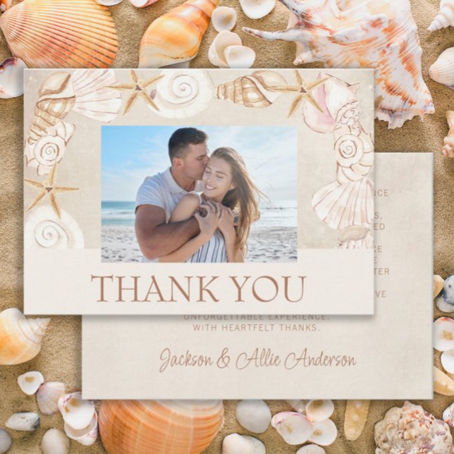 Strand Muscheln Sand Meereshochzeit Foto  Dankeskarte (Beach/sea shells wedding photo Thank You card)