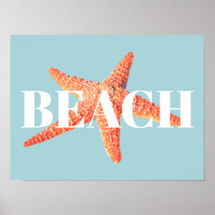 Strand Orange Starfish & Cyan Blue Poster