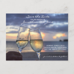 Strand-Ozean, der Save the Date Champagne-Glas Ankündigungspostkarte