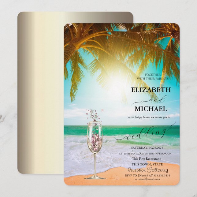 Strand, Palm, Sonne, String-Lichter, Glasschreiber Einladung (Vorne/Hinten)