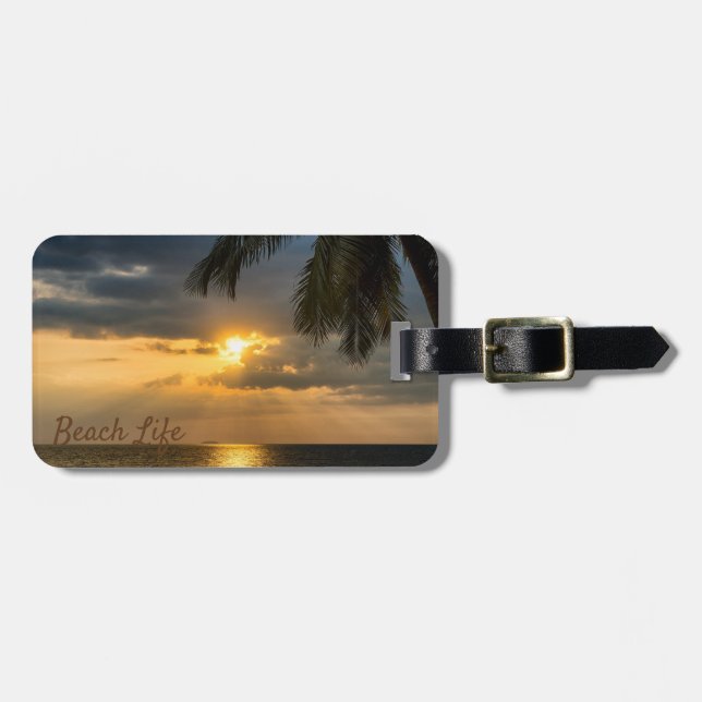 Strand, Palm, Sonnenuntergang - Personalisiert Gepäckanhänger (Vorderseite horizontal)