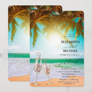 Strand, Palme, Sonne, Lichter, Glas Schrift Hochze Einladung