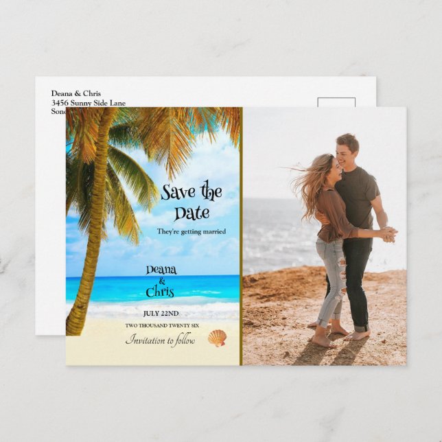 Strand, Palmen, Ozean, Save the Date Hochzeit Postkarte (Vorne/Hinten)