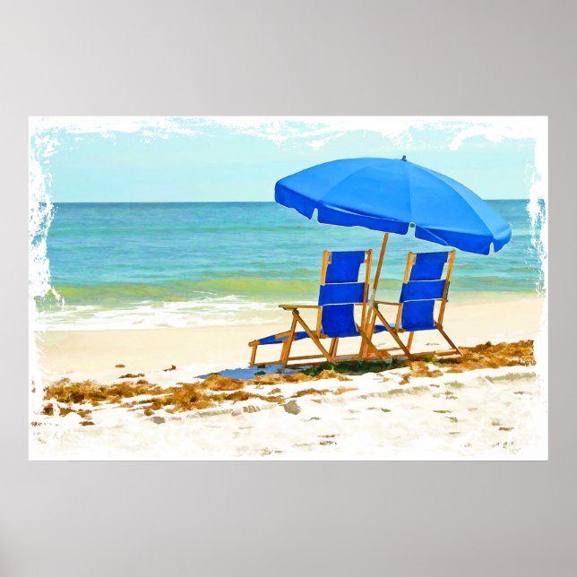 Strand, Regenschirm und Stühle am Strand Poster (Vorne)