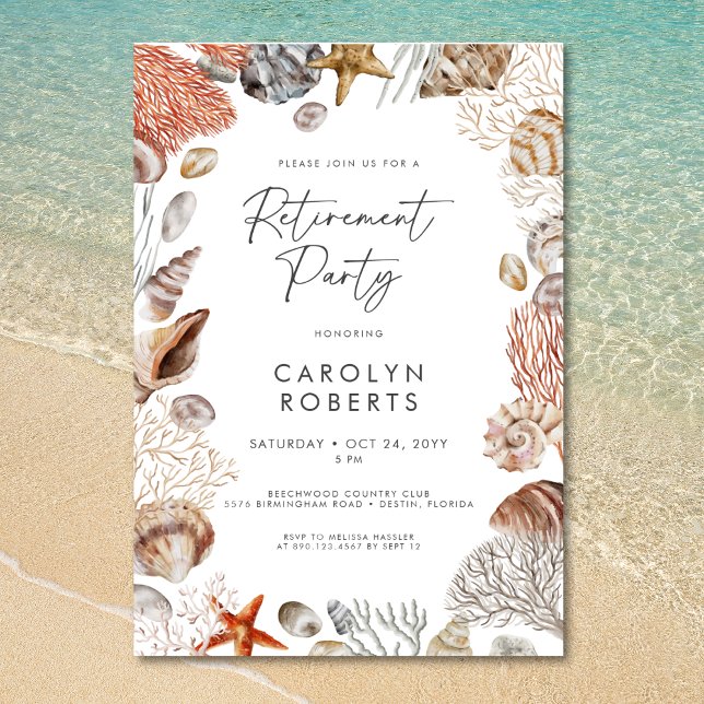 Strand-Ruhestandsfeier mit Muscheln Einladung (Coastal Beach Seashell Retirement Party)