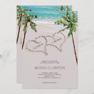 Strand Sand Herz Tropical Palm  Moderne Hochzeit Einladung