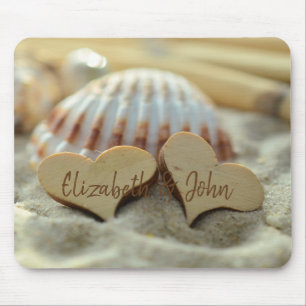 Strand, Sand, Seashell, Holzherzen - Personalisier Mousepad