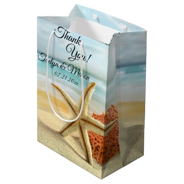Strand, Sand, Starfish Hochzeit Danke Mittlere Geschenktüte (Rückseite Schrägansicht)