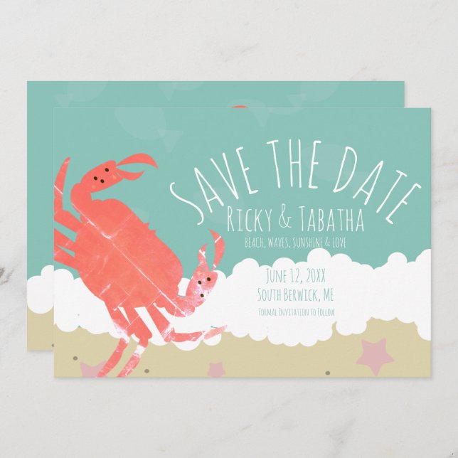 Strand Save the Date Crab Sand Ocean Waves Einladung (Vorne/Hinten)