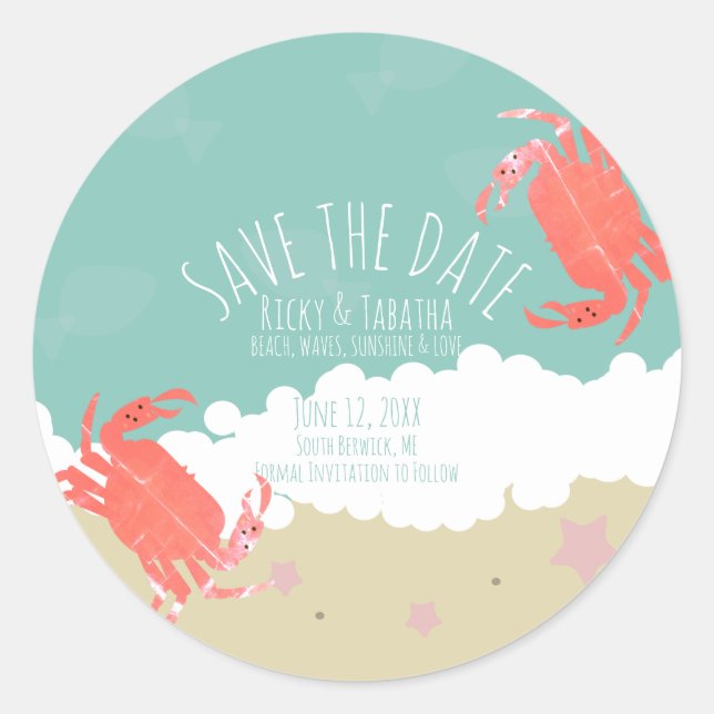 Strand Save the Date Crab Sand Ocean Waves Runder Aufkleber (Vorderseite)