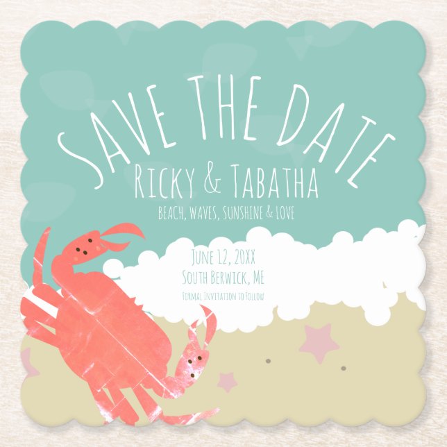 Strand Save the Date Crab Sand Ocean Waves Untersetzer (Vorderseite)