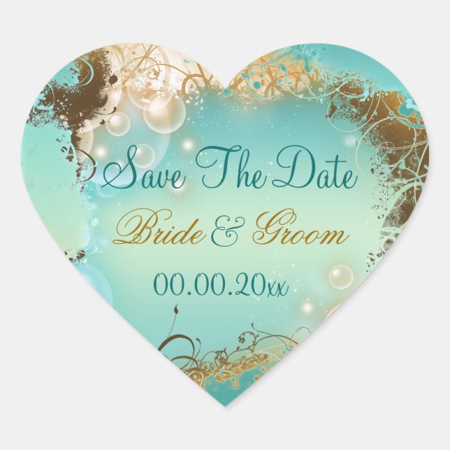 Strand "Save the Date" Hochzeitsaqua Herz-Aufkleber (Vorderseite)