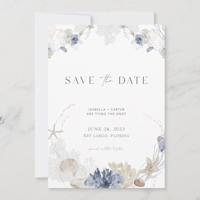 Strand Save the Date mit Foto in Blue + Creme Einladung (Vorderseite)