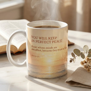 Strand-Schrift Isaiah 26:3 Vollkommener Friede Gla Kaffeetasse