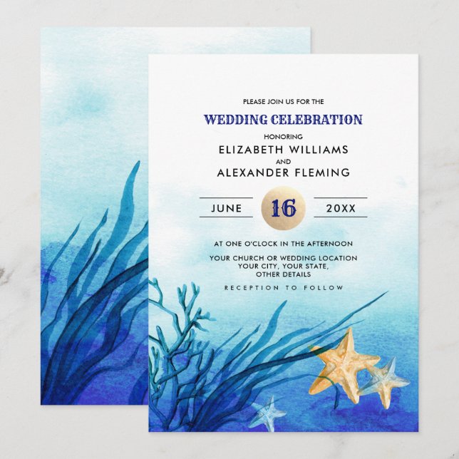 Strand | Seaside Starfish Watercolor Wedding Einladung (Vorne/Hinten)