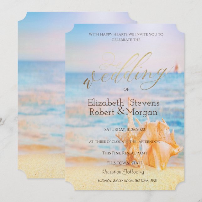 Strand, Seastar, Seashell Einladung (Vorne/Hinten)