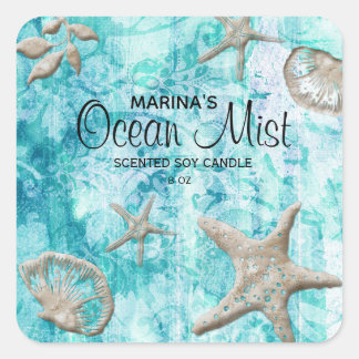 Strand-Seestern-Kerze Muschel Blau Quadratischer Aufkleber