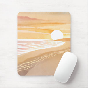 Strand Sonnenuntergang Aquarell   Schöner Gelber O Mousepad