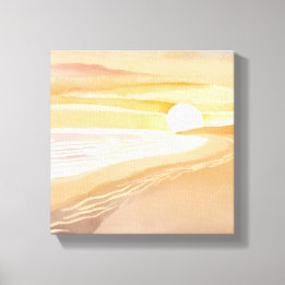 Strand Sonnenuntergang Aquarell | Schönes Gelb Leinwanddruck