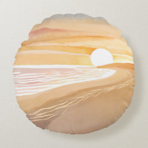 Strand Sonnenuntergang Aquarell Schönes Gelb Rundes Kissen