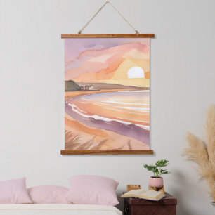 Strand Sonnenuntergang Aquarell Schönes Ozean Ge Wandteppich Mit Holzrahmen