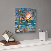 Strand-Sonnenuntergang-Buntglas-Wanduhr