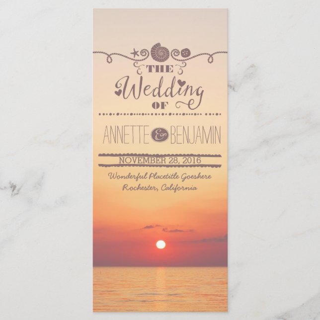 Strand-Sonnenuntergang-Meeres-Hochzeitsprogrammkar Programm (Vorderseite)