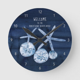 Strand Starfish Sand Dollar Modernes blaues Holz d Runde Wanduhr