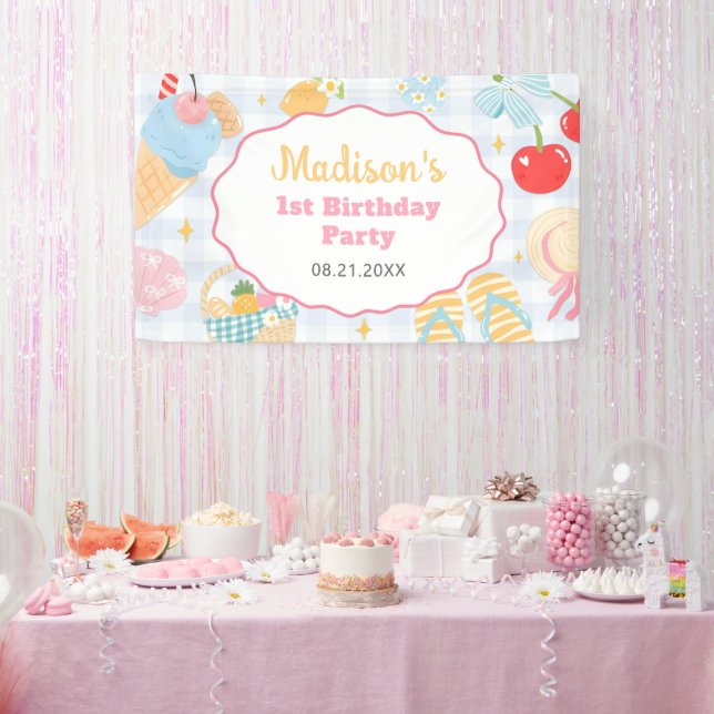Strand-Strand-Pastell-Doodle-Mädchen-Geburtstag Banner (Party)