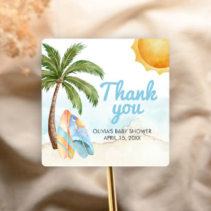 Strand-Surf-Baby an Bord Baby Shower Quadratischer Aufkleber