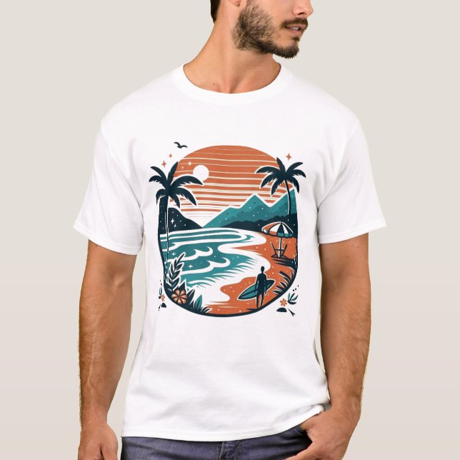 Strand-Surf-Retro-Sonnenuntergang & Palmen T-Shirt (Vorderseite)