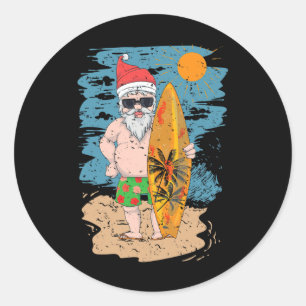 Strand Surfen Santa Lustiger Sommer Hawaii Weihnac Runder Aufkleber