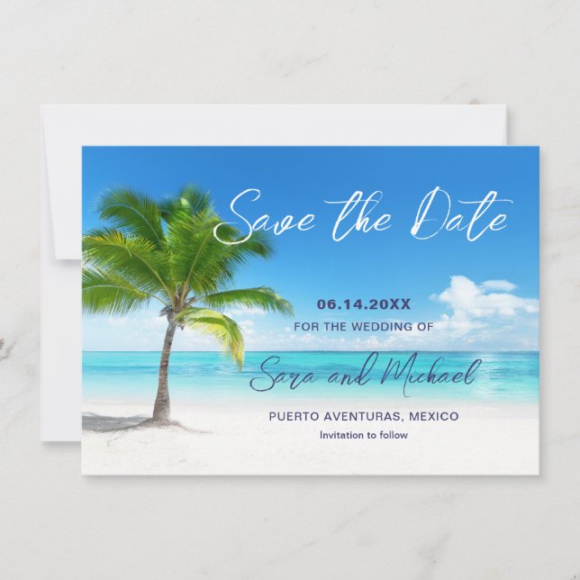 Strand-Szene mit Palm Tree Hochzeit Speichern Sie  Save The Date (Vorderseite)