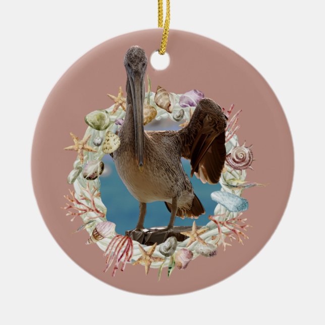 Strand Themed, Pelican und Seashell Wreath Keramik Ornament (Vorne)