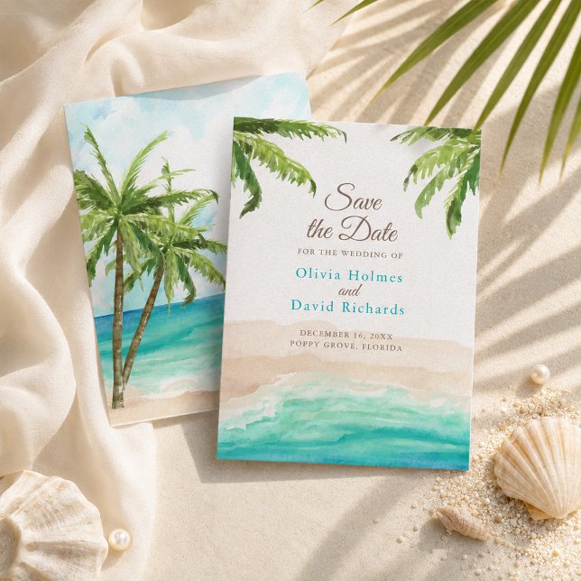 Strand und Palmen mit Aquarellfarben Save the Date (Watercolor Beach & Palm Trees Wedding Save The Date)