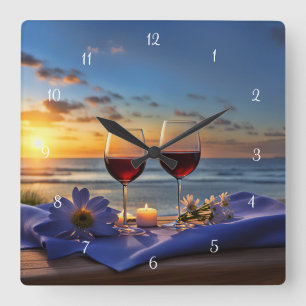 Strand und Wine Sunset Quadratische Wanduhr