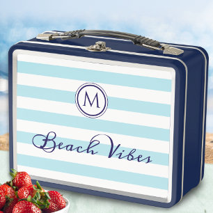 Strand-Vibes Kühl Blau Weiße Streifen Monogramm Metall Brotdose
