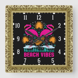 Strand-Vibes Rosa Flamingo-Design Quadratische Wanduhr
