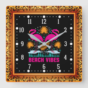 Strand-Vibes Rosa Flamingo-Design Quadratische Wanduhr