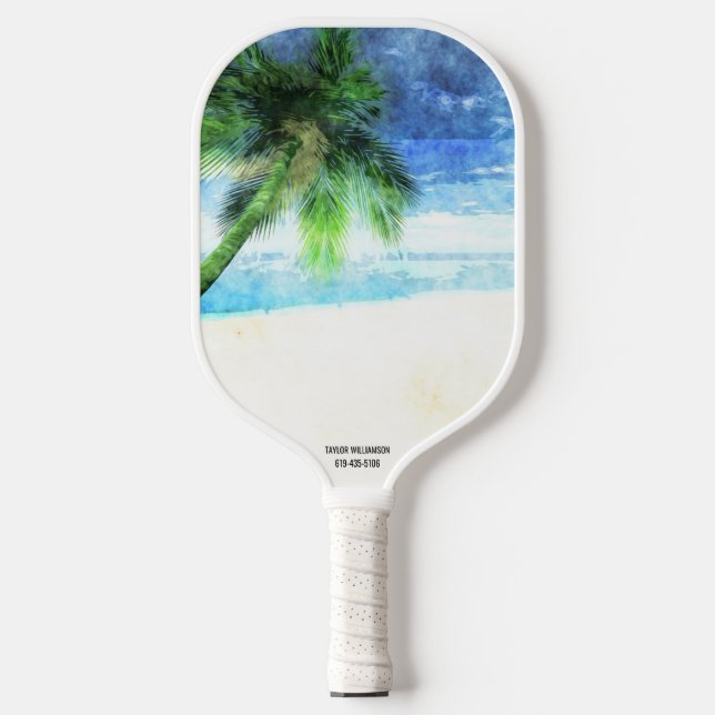 Strand Vibes Wasserfarbpalme Tree Sand Custom Text Pickleball Schläger (Vorderseite)