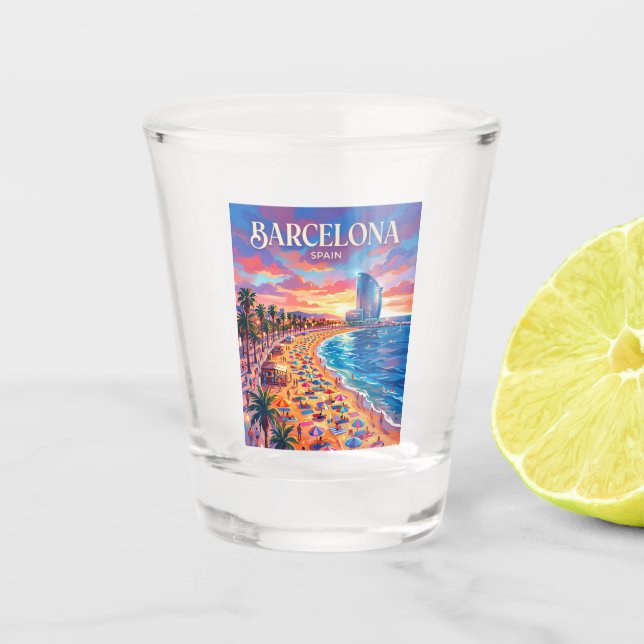 Strand von Barceloneta Spanien Schnapsglas (Vorderseite)