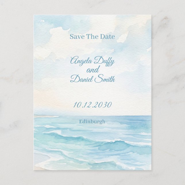 Strand Wasserfarbe Save the Date Postkarte (Vorderseite)