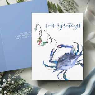 Strand-Weihnachtskarten Blaue Wasserfarbe Krabbe Feiertagskarte
