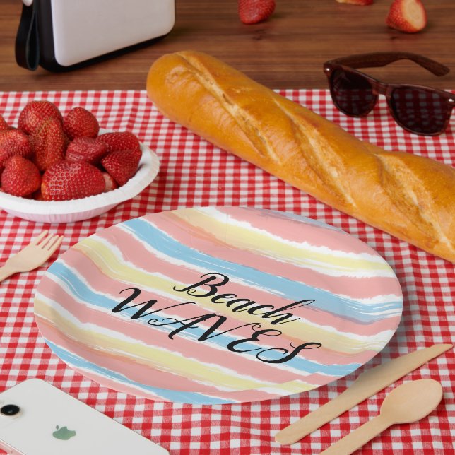 Strand Wellen Gelb Rosa Blau Wasserfarbe Pappteller (Picknick)