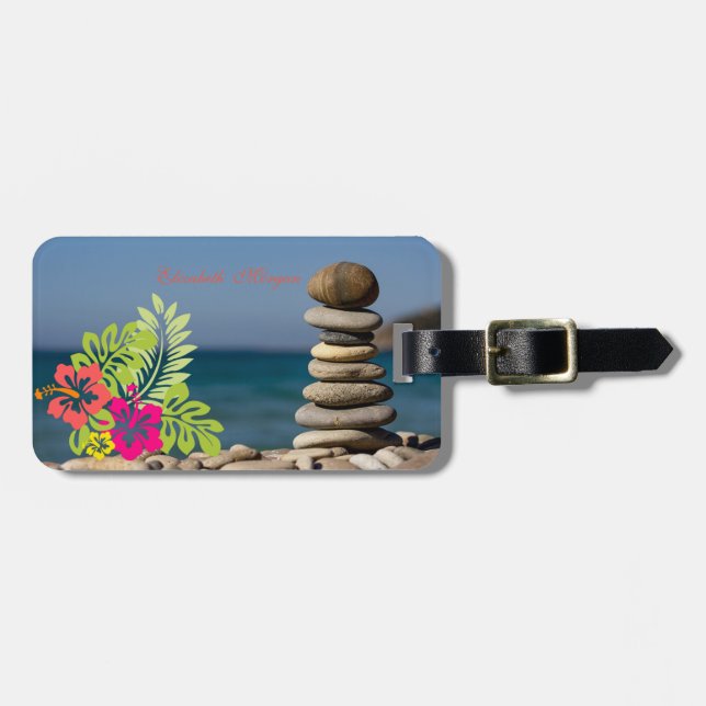 ,Strand, Zen Stones, Hawaiianischer Hibiskus Gepäckanhänger (Vorderseite horizontal)