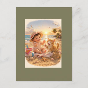 Strandbaby und Kätzchen-Sandburgenfreude Postkarte